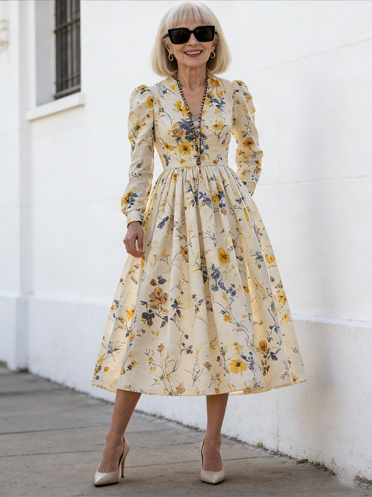 Printed V-neck Waist Long Sleeve A Pendulum Women's Dress Long Dress Literary Retro Fashion Elegant