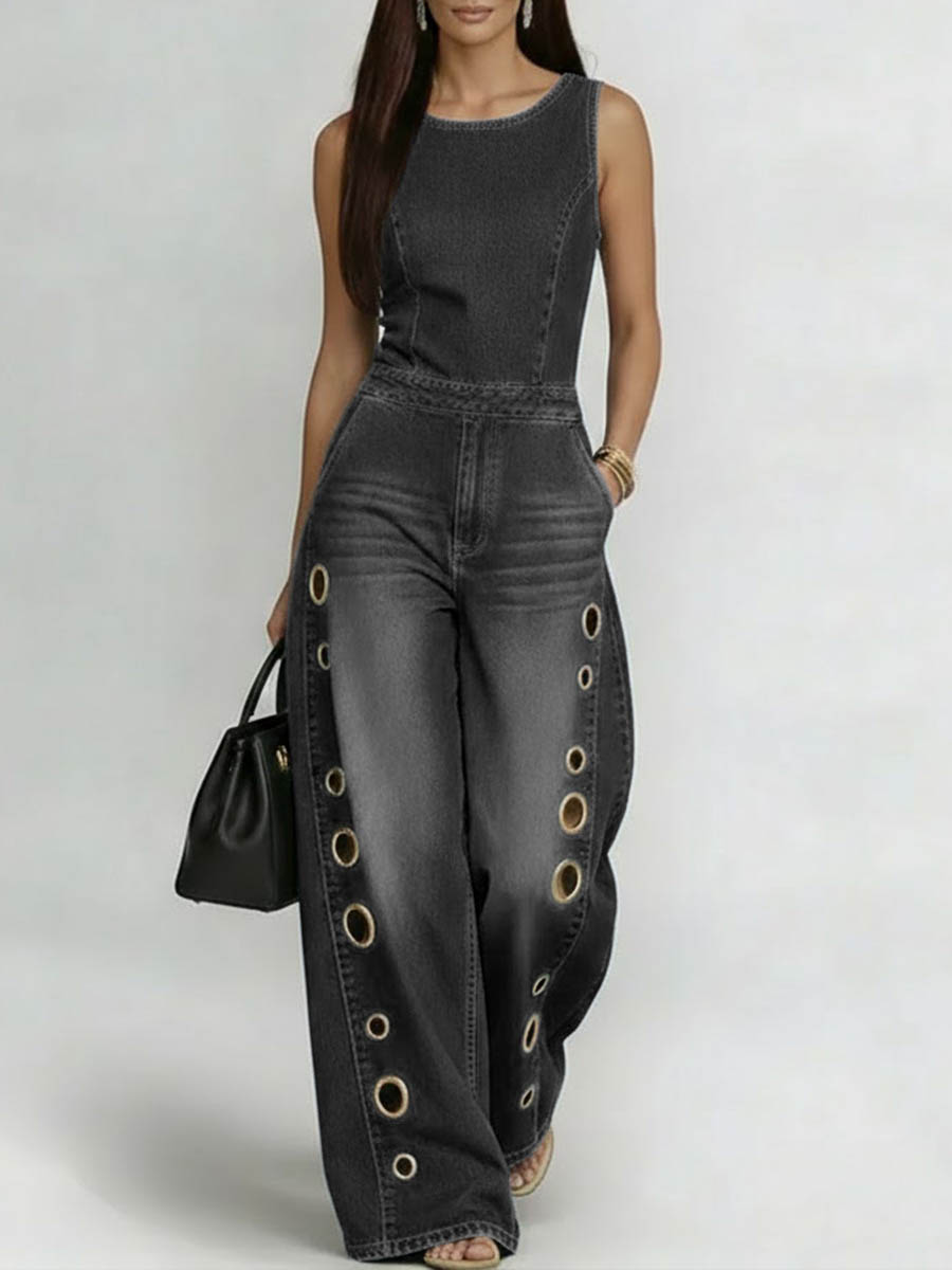 Geometric Hollow Pockets Solid Color Split-Joint High Waisted Loose Round-Neck Jumpsuits