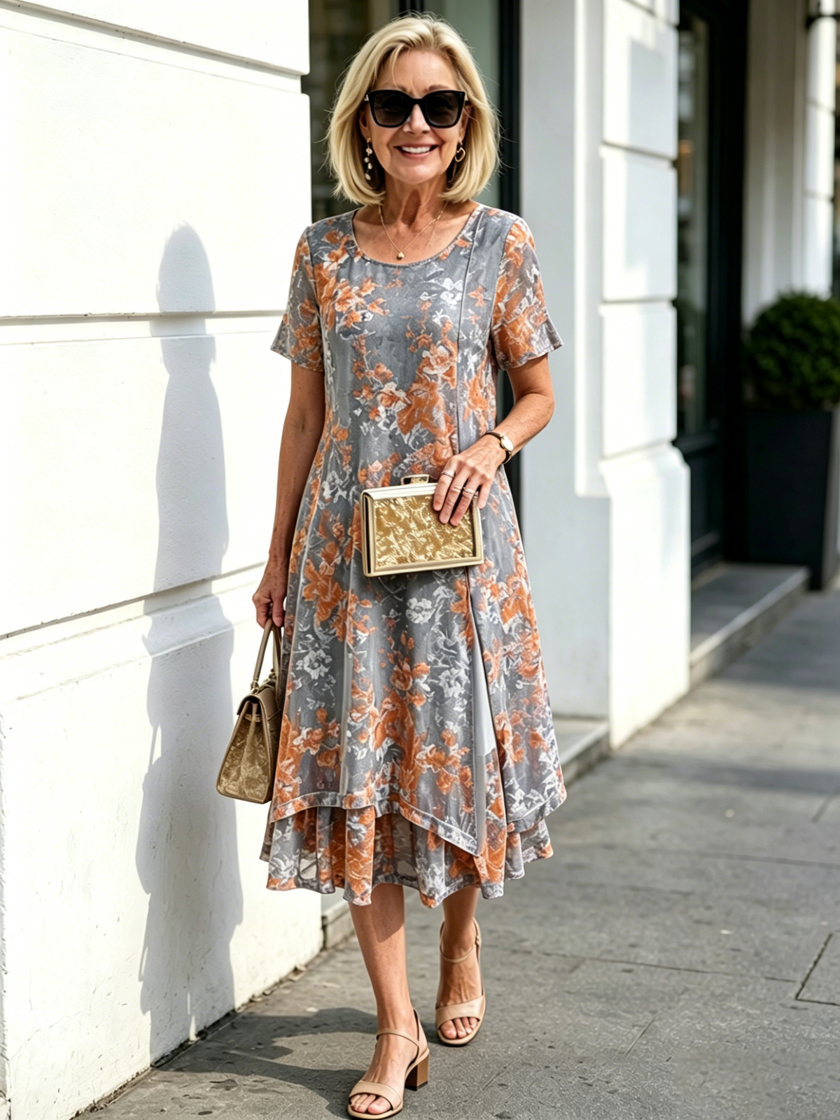 Grey & Orange Floral Mesh Layered Midi Dress, Round Neck 3/4 Sleeve Loose Tummy Concealing Plus Size Dress for Mature Women