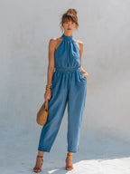 Chic Vacation-Style Mock Neck Sleeveless Denim Jumpsuit