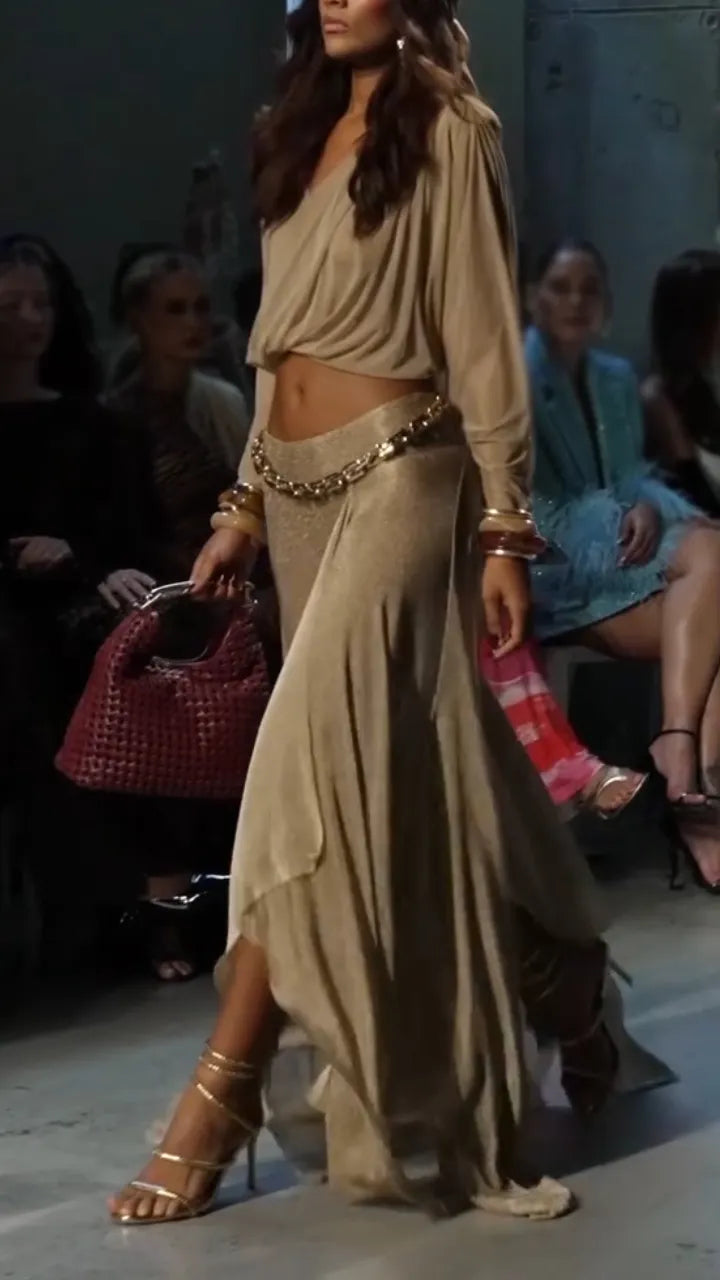 Women V-neck Top+ Half Skirt Elegant Temperament Set