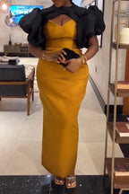 Women's Elegant Oversized Puff Sleeve Color-Block Dress 2 Piece Set