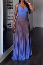 Women Neck Hanging Slim Fitting Gradient Patchwork Pleated Elegant Temperament Dress