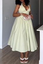 Women Neck Hanging Deep V-neck Patchwork Solid Color Elegant Temperament Dress