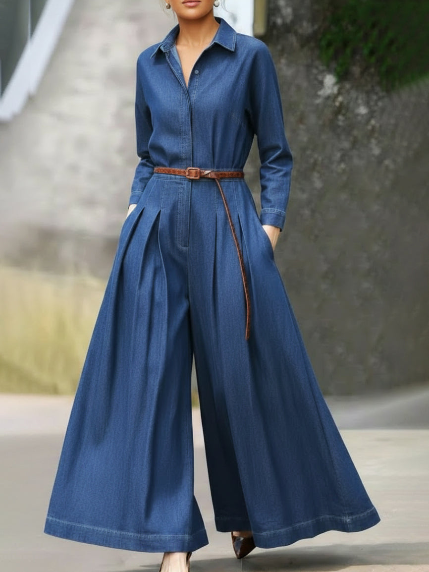 Elegant Shirt-collar Pleated Wide-leg Denim Jumpsuit