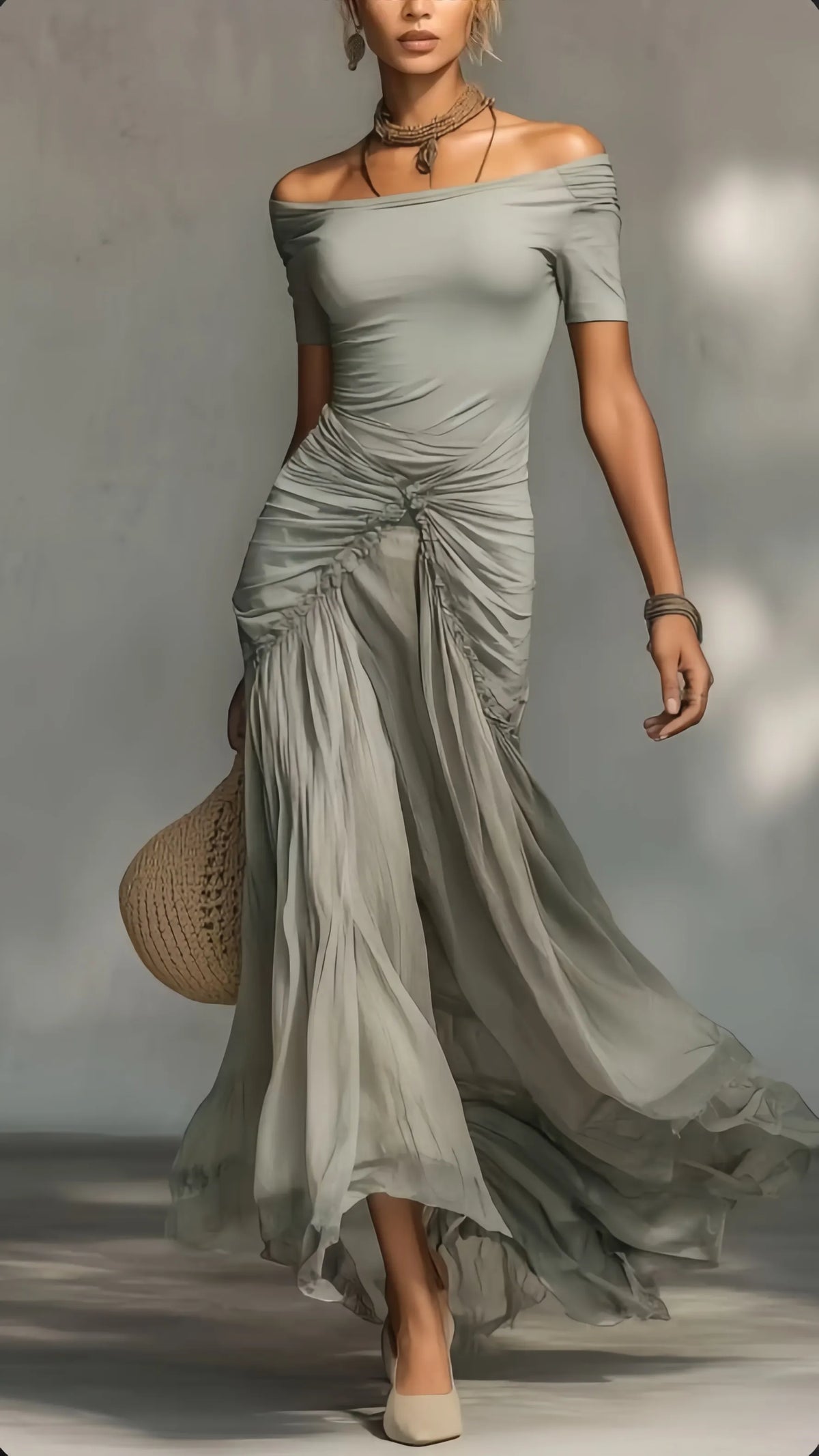 Sage Off-Shoulder Ruched Maxi Dress