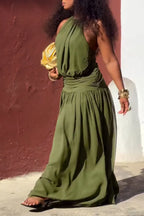 Women Neck Hanging Patchwork Solid Color Elegant Casual Dress