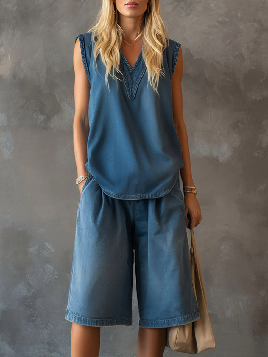 Women's V-neck Sleeveless Casual Loose Top With Elastic Waist Casual Loose Wide-leg Shorts Denim Set