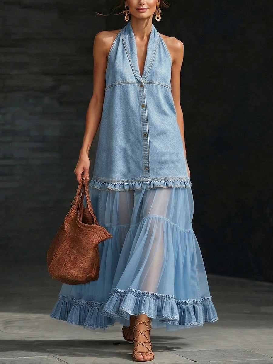 Stylish Elegant Organza-Paneled Denim Maxi Dress