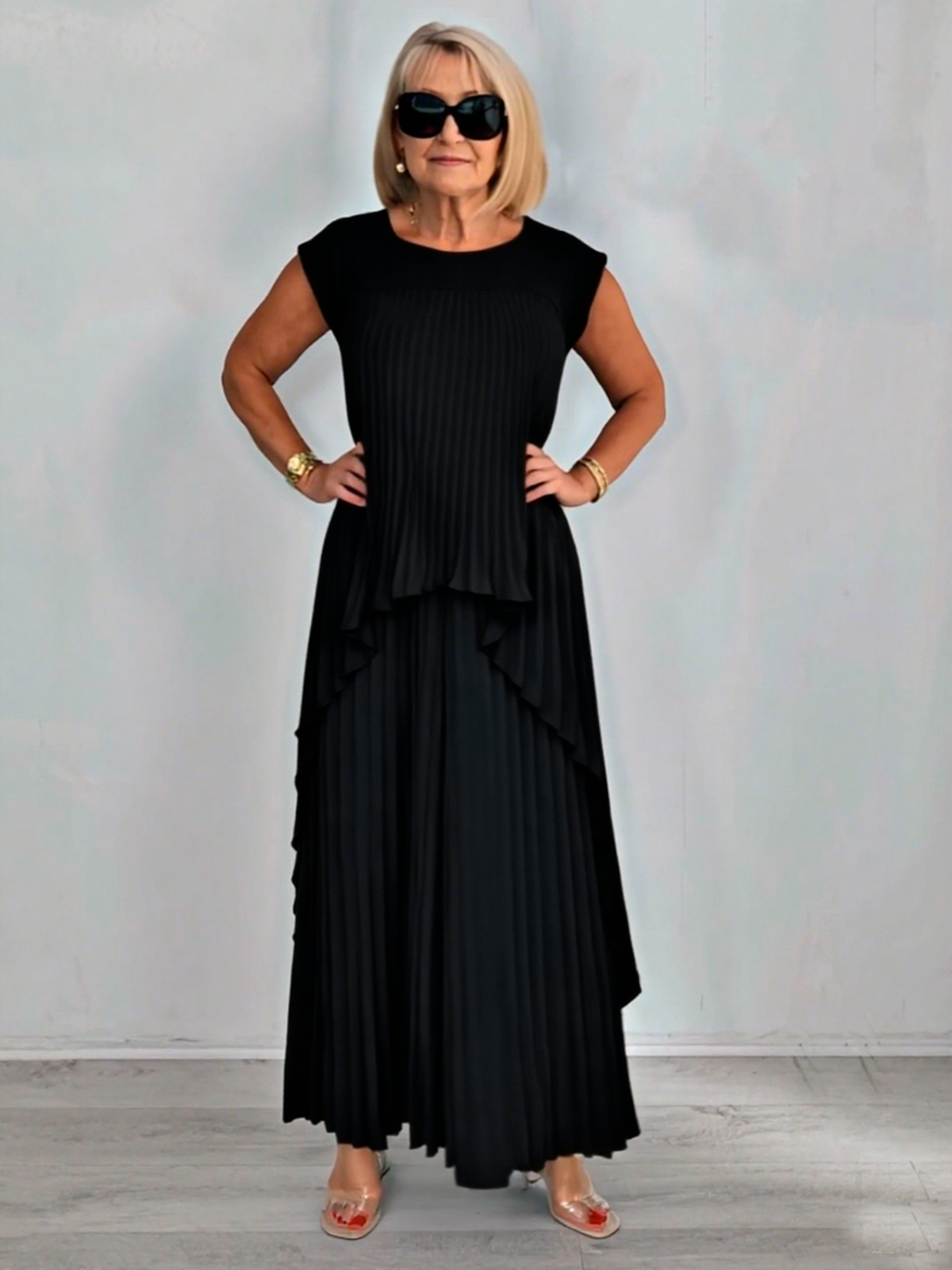 2Pcs Crew Neck Solid Color Sleeve Top Pleated Straight Pants Set Two-piece Set