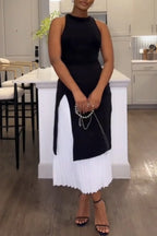 Women Round Neck Sleeveless Patchwork Pleated Elegant Temperament Midi Dresses