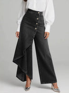 Buttoned Layered Pockets Solid Color Split-Joint High Waisted Irregularity Jean Pants Bottoms