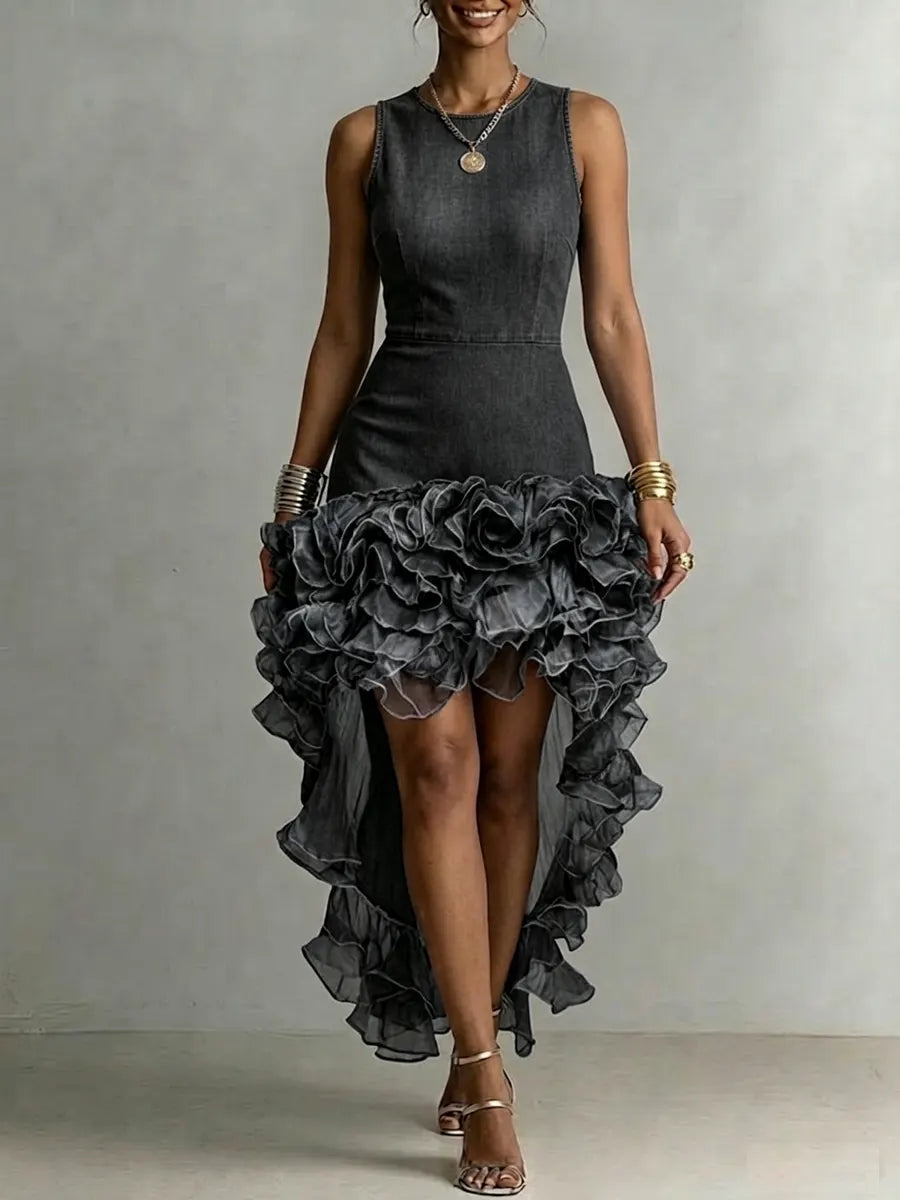Women's Denim Dress With Designer Sense Mesh Lace Decoration