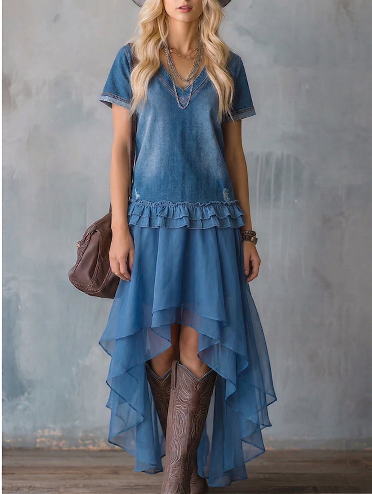 Stylish Boho Loose-fit Denim Maxi Dress With Organza Hem