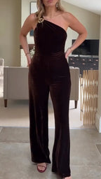 Women One Shoulder Velvet Temperament Casual Jumpsuit