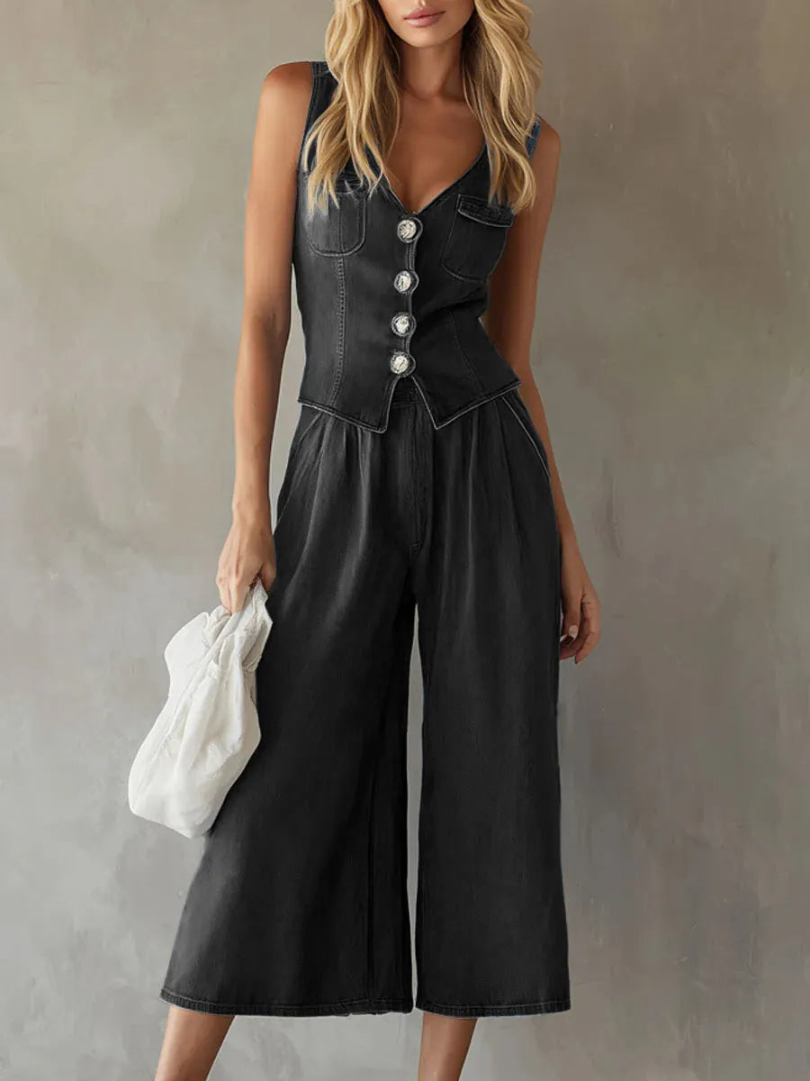 Women's Casual Denim Set: V-neck Sleeveless Top & High-waisted Wide-leg Pants
