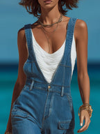 Chic Vacation-Style Blue Denim Flared Cropped Overalls