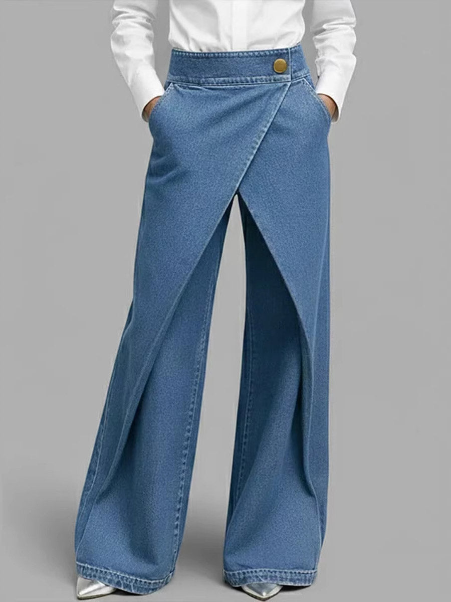 Asymmetric Buttoned Interlace Pockets Solid Color Split-Joint High Waisted Loose Trousers Jean Pants Bottoms