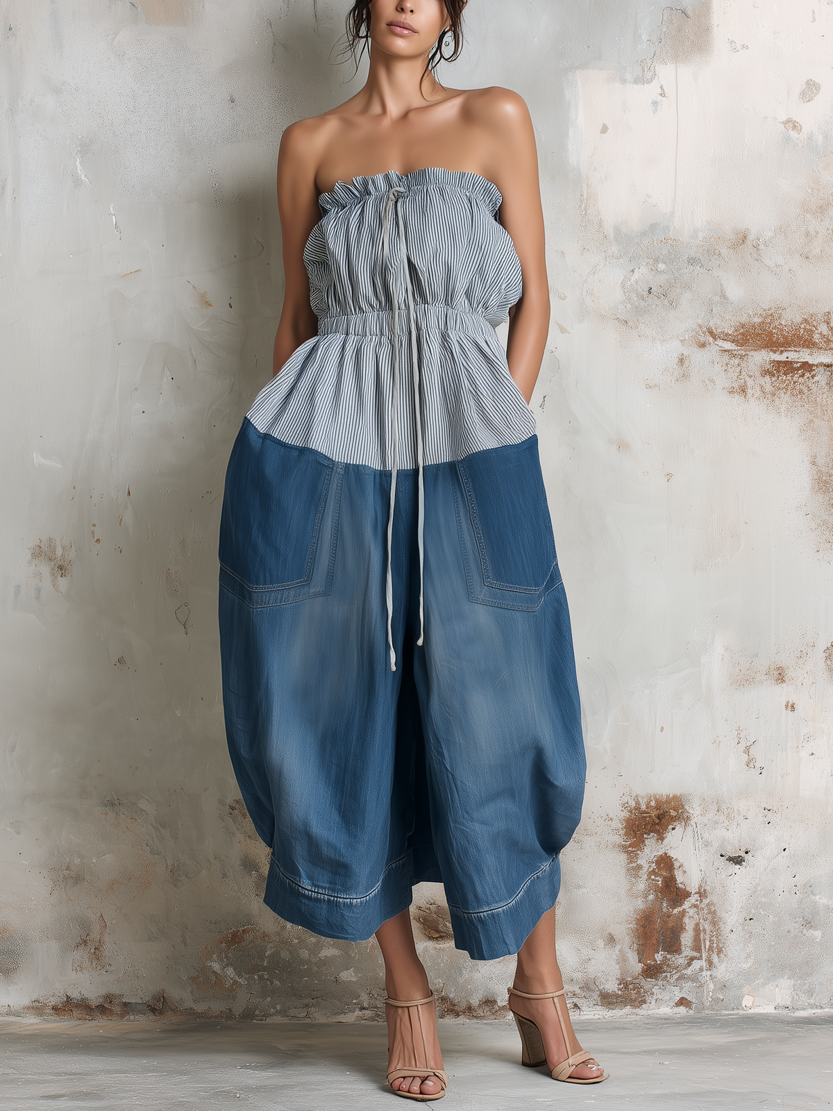 Striped Denim Strapless Wide-Leg Jumpsuit