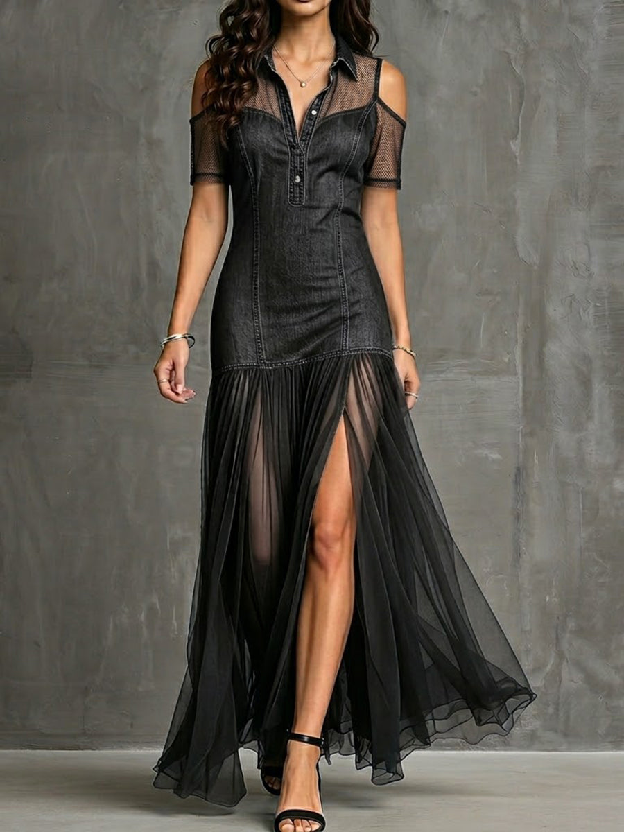Stylish Casual Spliced mesh Denim Dress