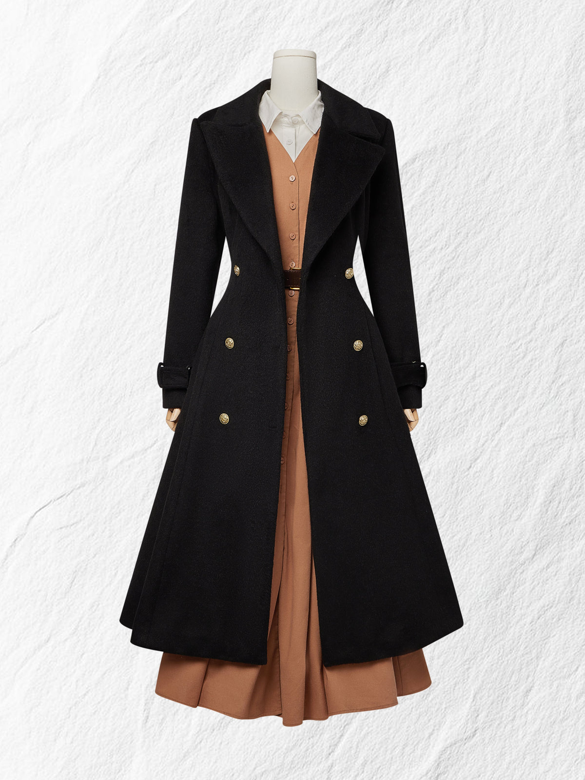 Wool Trench Coat, Long Sleeves, Lapel Collar, Plain, Button Design, Vintage, Black