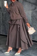 Women Stand Up Collar Vertical Patterned Jacket + Patchwork Skirt Elegant Temperament Set