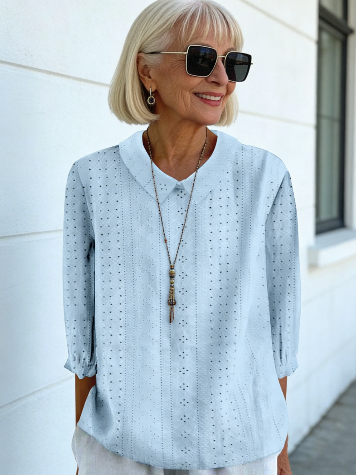 Lapel Solid Color Loose Seven-quarter Sleeve Top Women
