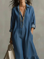 Buttoned Pockets Solid Color Split-Joint Long Sleeves Loose Lapel Maxi Dresses