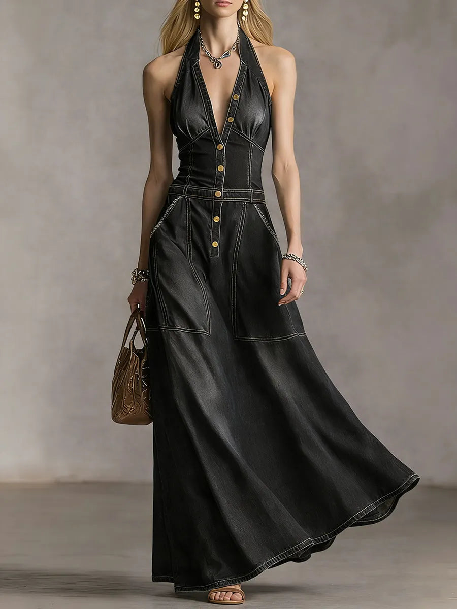 Stylish Slim Fit Sleeveless Denim Maxi Dress