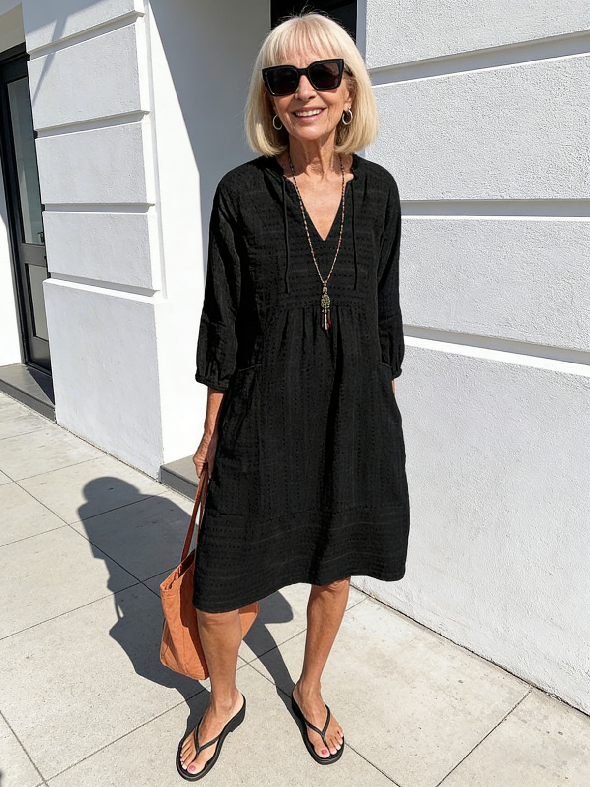 Textured Fabric Jacquard Cotton and Linen Dress Explosive V-Neck Casual Loose Pocket Elegant
