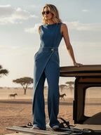Buttoned Interlace Pockets Solid Color Split-Joint High Waisted Irregularity Round-Neck Jumpsuits