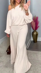 Women Diagonal Collar Top+ Pants Solid Color Casual Suit