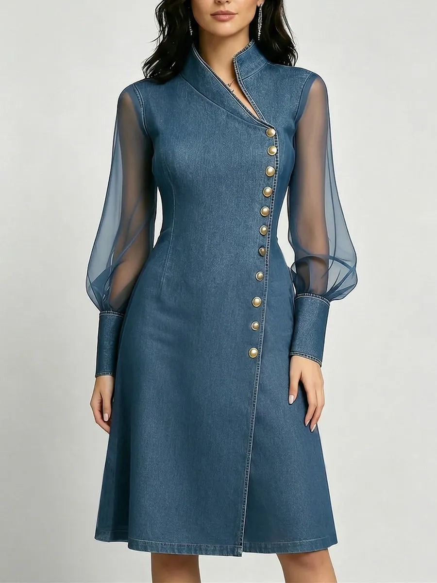 Elegant Stand-Collar Denim Dress with Organza Paneling