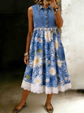 Women's Denim Sleeveless Midi Floral White Lace Trim Dress