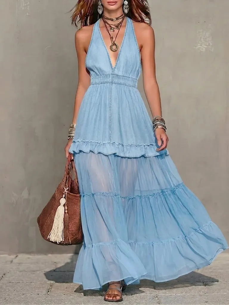 Stylish And Elegant Sleeveless Denim Dress With Chiffon Paneling