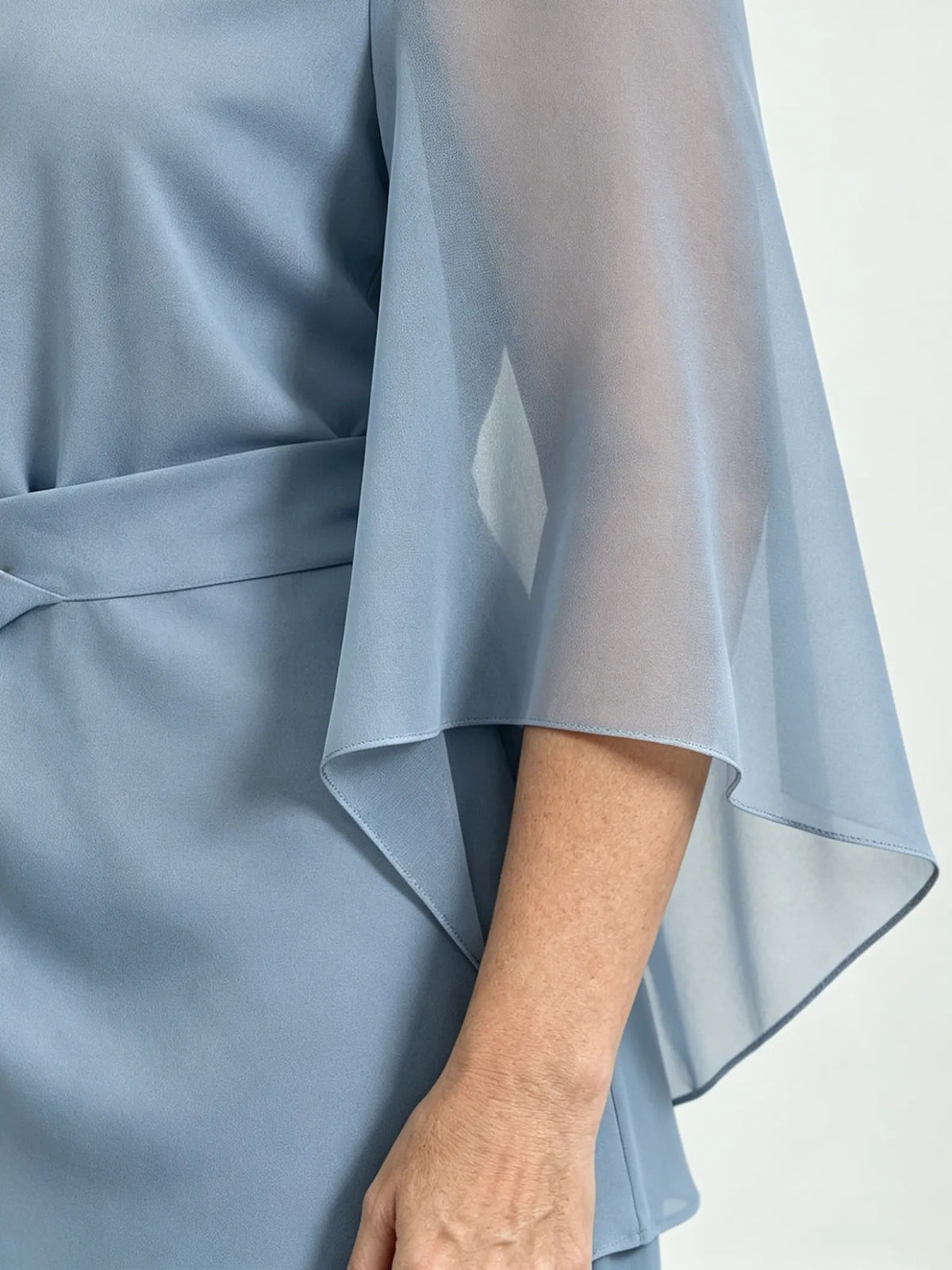 2Pcs Light Blue Chiffon 2 Piece Outfit, Irregular Twist Flare Sleeve Top & Wide Leg Pants Set for Mature Women