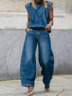 Buckle Pockets Solid Color High Waisted Wide Leg Jean Pants Bottoms