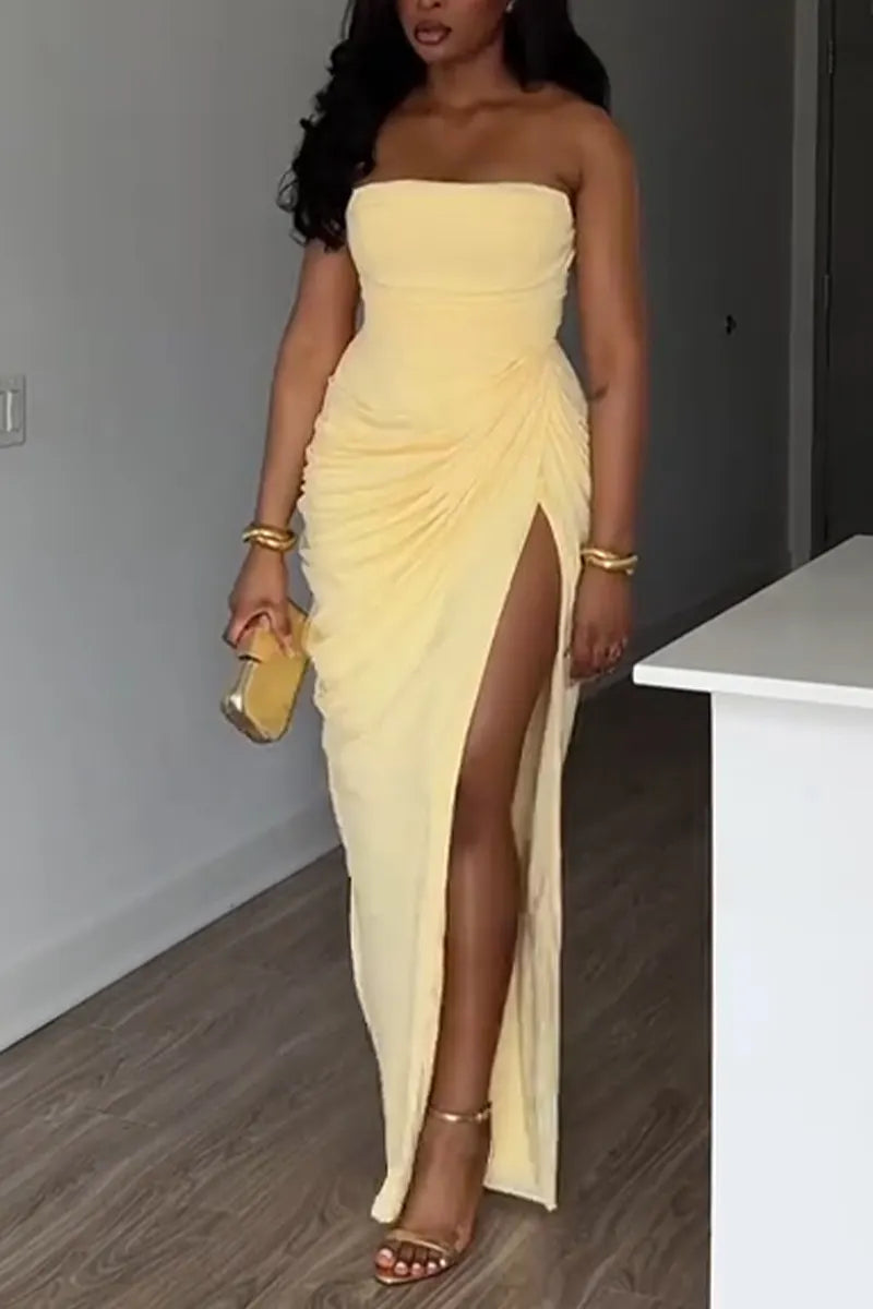 Women Strapless Slit Solid Color Dinner Party Style Dress