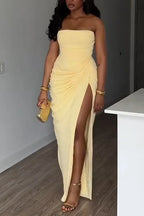 Women Strapless Slit Solid Color Dinner Party Style Dress
