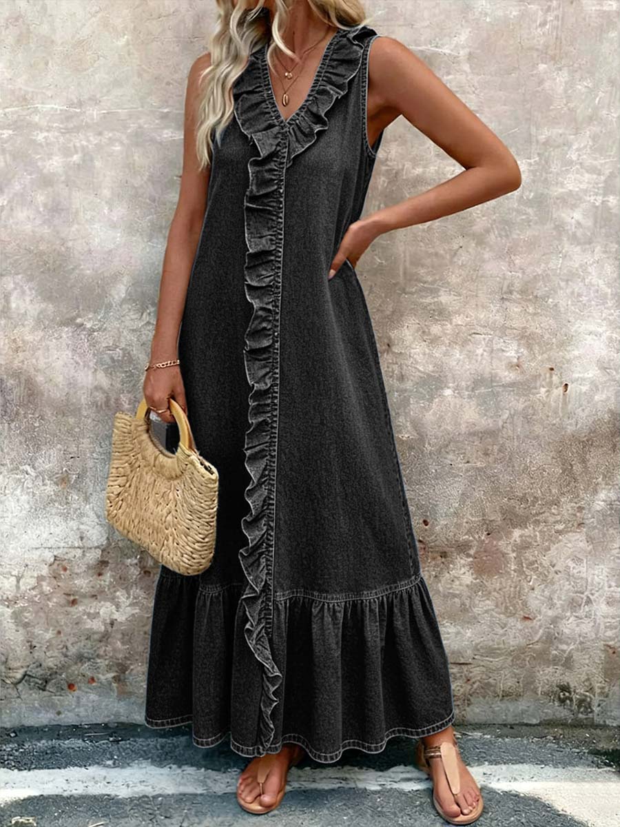 Women's Ruffled V-neck Sleeveless Loose-fitting Denim Dress