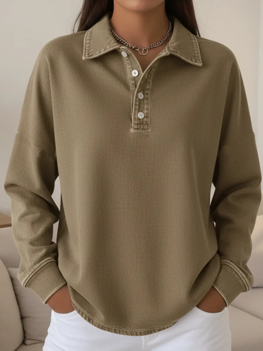 Casual Loose-fitting Polo Button-up Denim Sweatshirt