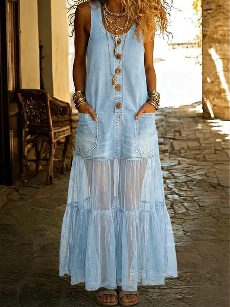 Casual Denim Dress With Organza-paneled Hem