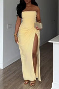 Women Strapless Slit Solid Color Dinner Party Style Dress