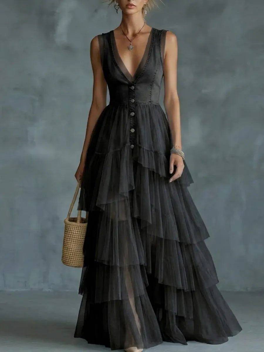 Stylish And Elegant Spliced mesh Denim Dress