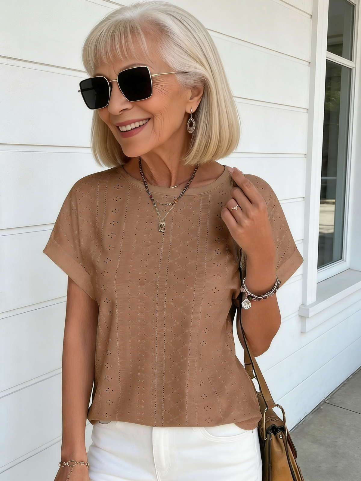 Textured Fabric Solid Color Crew Neck Loose Short Sleeve T-Shirt Top Women