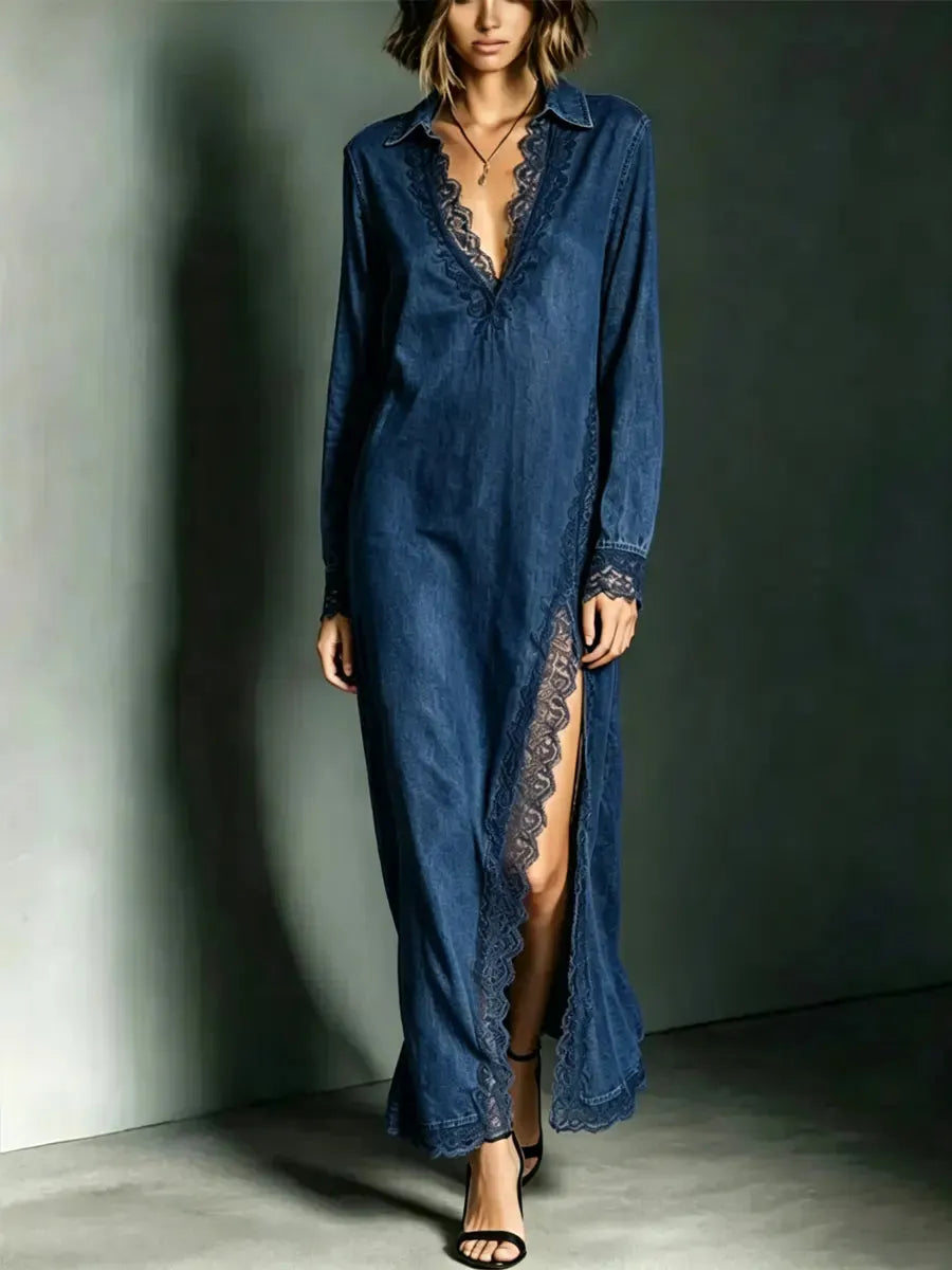 Women's Casual Denim Dress With Lace Trim