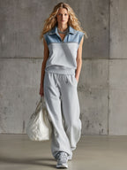 Casual Retro Denim Patchwork Light Gray Sleeveless Sweatshirt And Pants Set