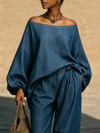 Stylish & Cozy Off-shoulder Denim Two-piece Set