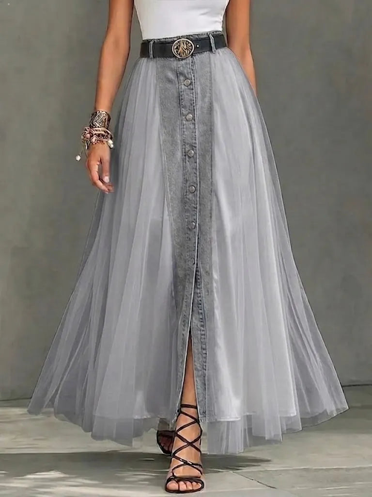 Casual Paneled Mesh Denim Skirt