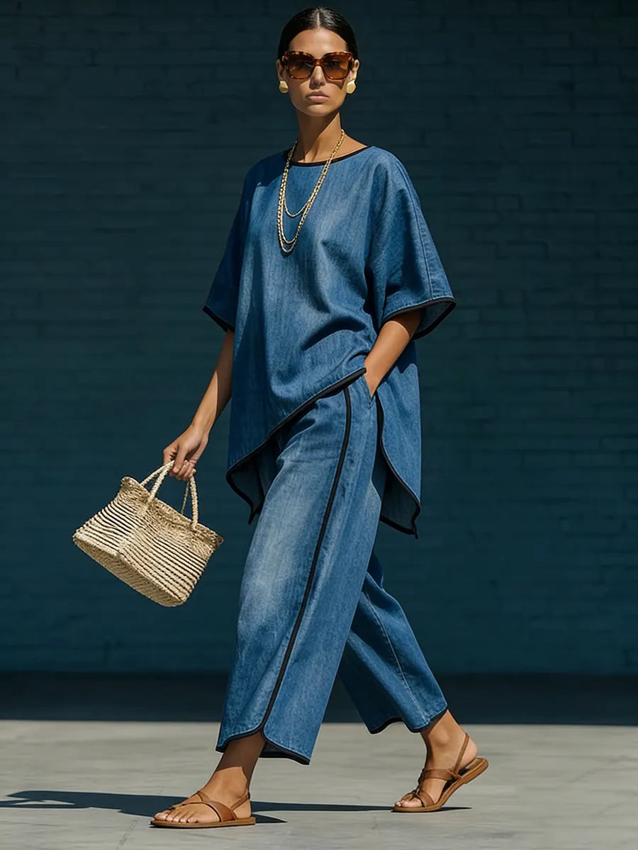 Artistically Cut Decorative Trim Denim Two-piece Set